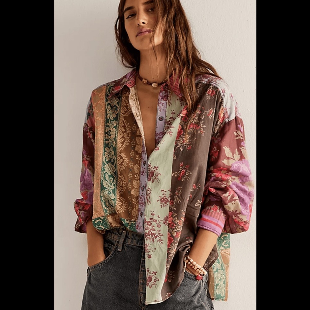 Free People Patchwork Floral Button-Down Shirt in Brown, Green, Pink
